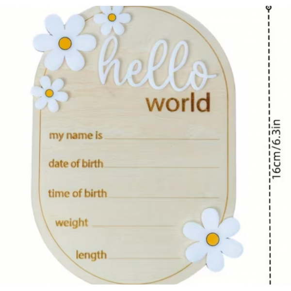 Дерев'яна метрика для новонародженого Hello world білі ромашки 12*16см - изображение 3
