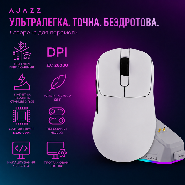Бездротова ігрова миша RGB AJAZZ AJ179P PAW3395 з магнітною зарядною базою Біла - зображення 7