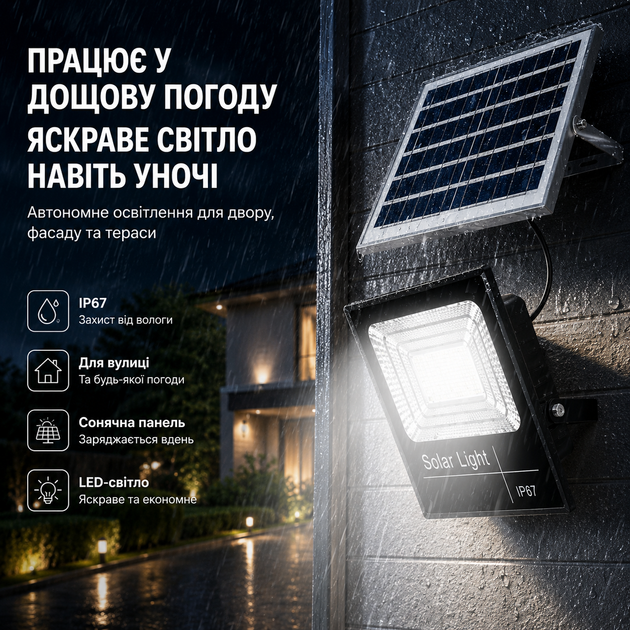 Солнечный LED-прожектор 80W с пультом и панелью мм IP67 для улицы, двора, фасада, гаража и террасы - изображение 3