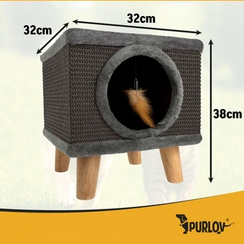 Когтеточка домик лежак на ножках для кошек Purlov 38x32x32 см натуральный сизаль мягкий плюш - Фото 3 Когтеточка домик лежак на ножках для кошек Purlov 38x32x32 см натуральный сизаль мягкий плюш - изображение 3