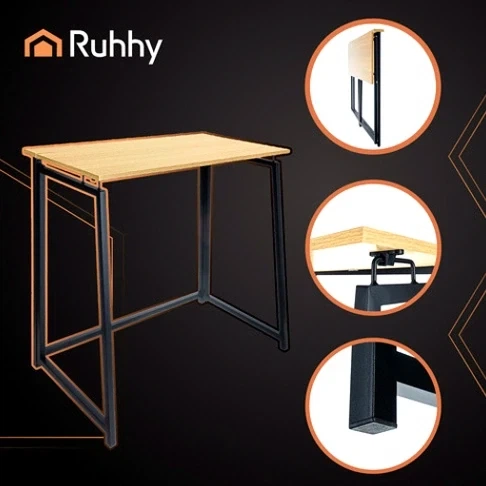 Раскладной компактный деревянный стол Ruhhy 80x75 см для работы и учебы черная рама бежевая столешница - изображение 6