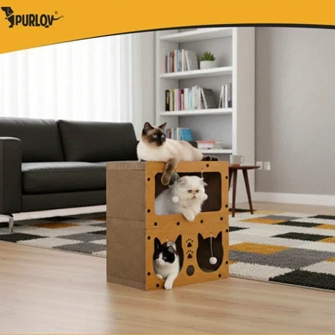 Когтеточка для кошек двухэтажный домик Purlov 51,5x45x28 см из гофрированного картона с игрушками - Фото 6 Когтеточка для кошек двухэтажный домик Purlov 51,5x45x28 см из гофрированного картона с игрушками - изображение 6