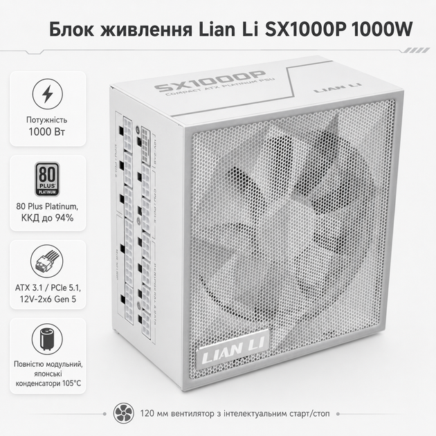Блок живлення Lian Li SX1000P 1000W ATX 100-240 В 80 Plus Platinum White (G9P.SX1000P.W000.EU) - зображення 2