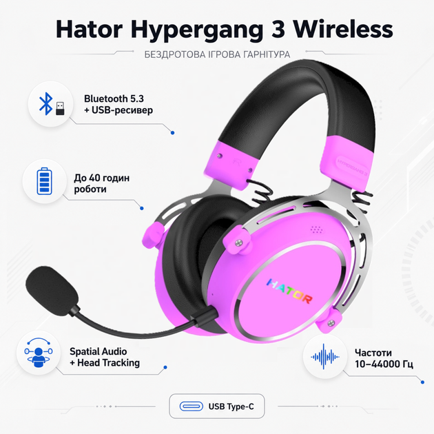 Навушники бездротові Hator Hypergang 3 Wireless Bluetooth 5.3 + USB-ресивер 40h Violet (ESH52) - зображення 2