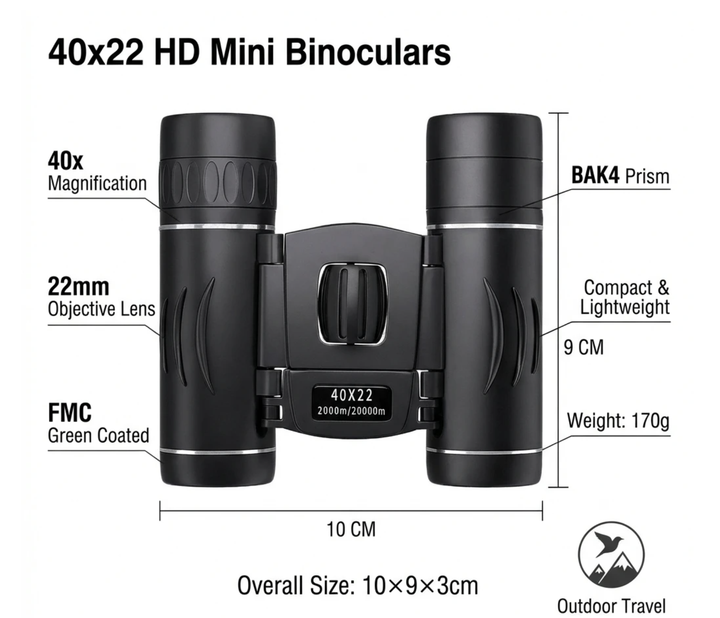 Бинокль 40x22 HD компактный | мини телескоп BAK4 FMC | туристический бинокль для охоты, путешествий, рыбалки, спорта - Фото 6 Бинокль 40x22 HD компактный | мини телескоп BAK4 FMC | туристический бинокль для охоты, путешествий, рыбалки, спорта - изображение 6