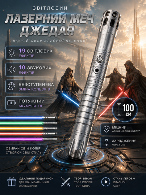 Световой меч Джедая 100 см: металлическая RGB рукоятка, 13 световых и 11 звуковых эффектов, аккумулятор 2000 mAh - Фото 1 Световой меч Джедая 100 см: металлическая RGB рукоятка, 13 световых и 11 звуковых эффектов, аккумулятор 2000 mAh - изображение 1