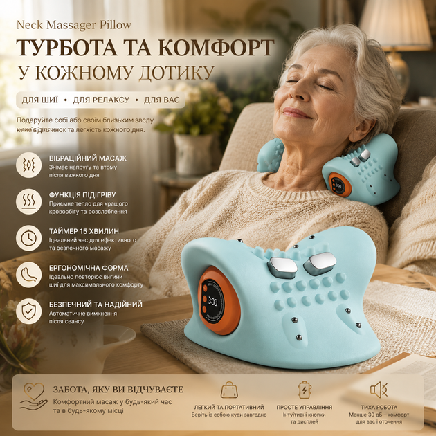 Массажер для шеи Neck Massager Pillow: беспроводная массажная подушка с подогревом, 3 режима, 6 уровней интенсивности - изображение 2