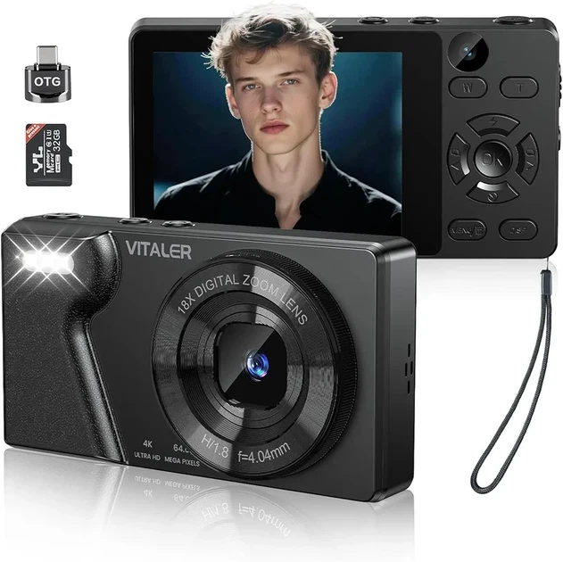 Цифрова камера 4K 64 МП, 2.4" екран, 18X зум, SD 32 ГБ - Фото 1 Цифрова камера 4K 64 МП, 2.4" екран, 18X зум, SD 32 ГБ - изображение 1