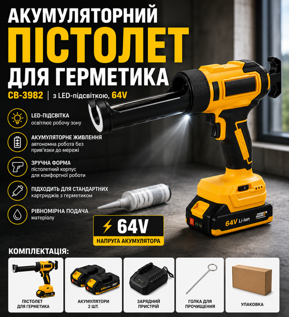 Акумуляторний пістолет для герметика CB-3982, з LED-підсвіткою, 64V - Фото 6 Акумуляторний пістолет для герметика CB-3982, з LED-підсвіткою, 64V - зображення 6