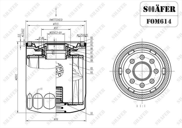 Фільтр масляний Dodge Caliber, Avenger, Jeep Compass, Patriot, Renegade (06-), Chevrolet Volt (13-) D=75mm, H=87mm, M22x1.5, (USA) FOM614 SHAFER - зображення 2