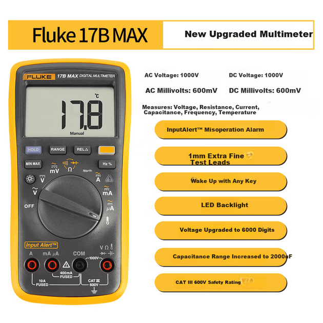 Цифровой мультиметр FLUKE 17B MAX-02, высокоточный интеллектуальный мультиметр для электриков, универсальный амперметр. - Фото 2 Цифровой мультиметр FLUKE 17B MAX-02, высокоточный интеллектуальный мультиметр для электриков, универсальный амперметр. - изображение 2