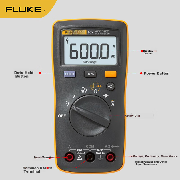 FLUKE 107 Цифровий мультиметр Портативний мультиметр з автоматичним вибором діапазону Амперметр - Фото 3 FLUKE 107 Цифровий мультиметр Портативний мультиметр з автоматичним вибором діапазону Амперметр - изображение 3