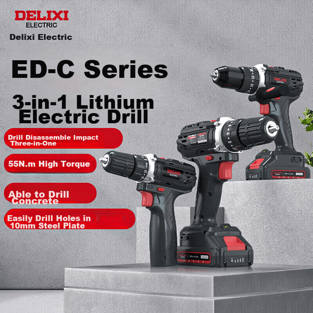 Электродрель DELIXI ELECTRIC с литиевым аккумулятором, многофункциональная бытовая перезаряжаемая электрическая дрель, ED-C3, две батареи и одно зарядное устройство, 20 В. - изображение 5