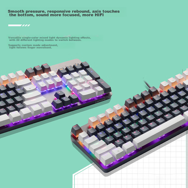 Механическая игровая клавиатура Lenovo MK5, проводная, синие переключатели с разноцветной подсветкой, подходит для игровых и офисных устройств Legion R9000P/Y7000, 104-клавишная клавиатура для игры в PUBG, цвет Cloud Silver Blue. - зображення 5