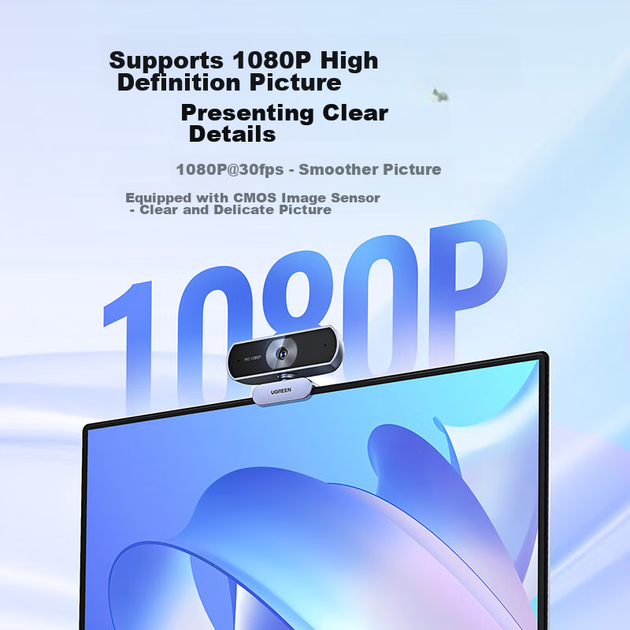 Внешняя USB-веб-камера UGREEN 1080P HD с широким углом обзора и двумя микрофонами для видеозвонков, прямых трансляций, офисных совещаний, собеседований, экзаменов 15728 - Фото 6 Внешняя USB-веб-камера UGREEN 1080P HD с широким углом обзора и двумя микрофонами для видеозвонков, прямых трансляций, офисных совещаний, собеседований, экзаменов 15728 - изображение 6