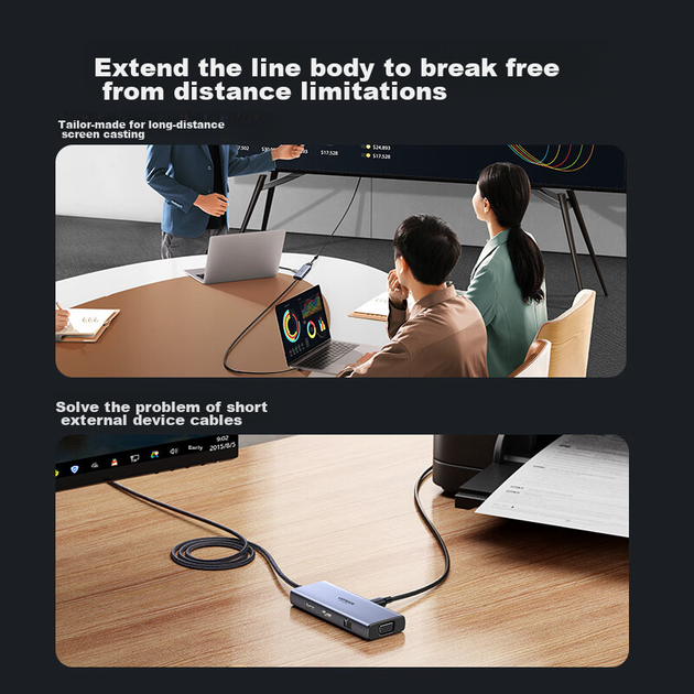 Розширювальна док-станція UGREEN Type-C для HDMI-хаба USB-хаб 3.0 Thunderbolt C порт-адаптер, 1,5-метровий подовжувач для зарядки, сумісний з комп'ютерами Apple, конвертер для настільних комп'ютерів - зображення 3