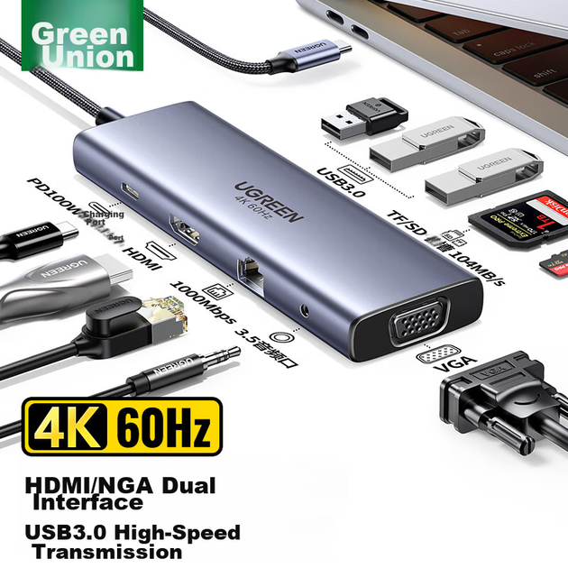 Док-станція розширення UGREEN Type-C, концентратор USB-C на HDMI Thunderbolt 4, дзеркальне відображення екрана 60 Гц, адаптер мережевого кабелю, зчитувач карт пам'яті, універсальний для Apple MacBook Air/Huawei Lenovo - изображение 2