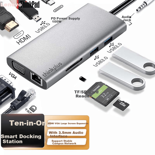 Док-станция расширения ThinkPad Lenovo Type-C, адаптер USB-C на HDMI и VGA, USB-концентратор, гигабитная сетевая карта, быстрая зарядка PD, устройство чтения карт SD/TF, док-станция расширения для ноутбука LC10 - изображение 2