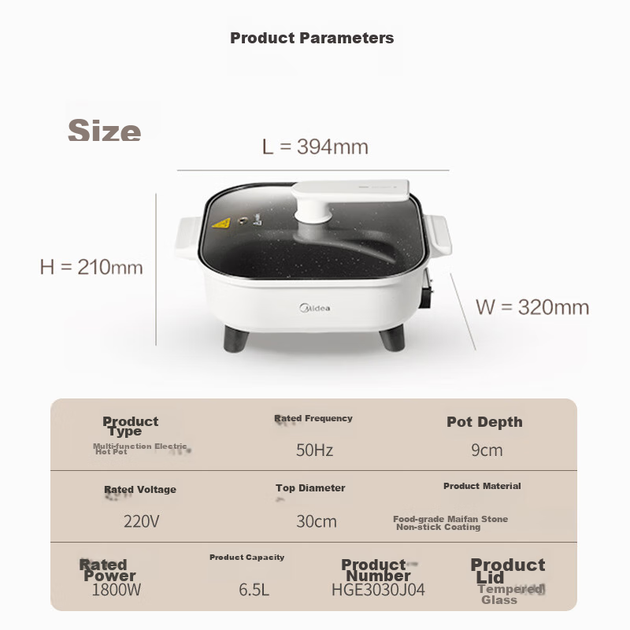 Электрическая кастрюля Midea, кастрюля для приготовления пищи, специальная кастрюля для приготовления горячего блюда, многофункциональная домашняя плита, электрическая плита для барбекю, многоцелевая кастрюля объемом 6,5 л HGE3030J04 - изображение 11
