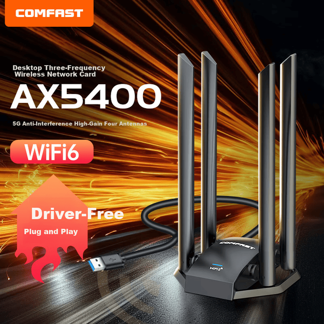 Беспроводная двухдиапазонная гигабитная сетевая карта COMFAST CF-975AX 5G для настольных компьютеров и ноутбуков, внешний USB-приемник Wi-Fi 6 AX5400. - изображение 4