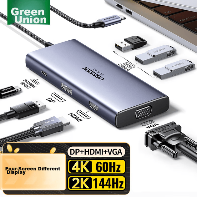 Док-станция UGREEN Type-C для четырех экранов с портами DP/HDMI/VGA и Thunderbolt 4, адаптер расширения для нескольких экранов 4K 60 Гц для торговли акциями, совместима с ноутбуками Huawei, Honor, Lenovo. - изображение 2
