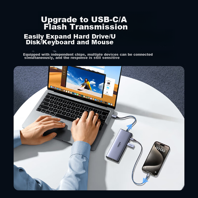 Док-станція UGREEN Type-C Dual HDMI з трьома екранами, розширювальна док-станція USB-C Thunderbolt 4/5, багатоекранне розширення 8K HD для торгівлі акціями, сумісна з ноутбуками Huawei та Lenovo, підтримує MST - Фото 6 Док-станція UGREEN Type-C Dual HDMI з трьома екранами, розширювальна док-станція USB-C Thunderbolt 4/5, багатоекранне розширення 8K HD для торгівлі акціями, сумісна з ноутбуками Huawei та Lenovo, підтримує MST - изображение 6
