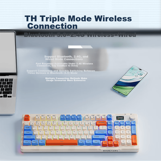 Бездротова клавіатура та миша EWEADN V98Pro, Bluetooth/дротова/USB, потрійний режим, з екраном, механічне відчуття, безшумна офісна мембранна клавіатура, 98 клавіш для комп'ютера, універсальна для ноутбуків, яскраво-помаранчевий колір - изображение 5