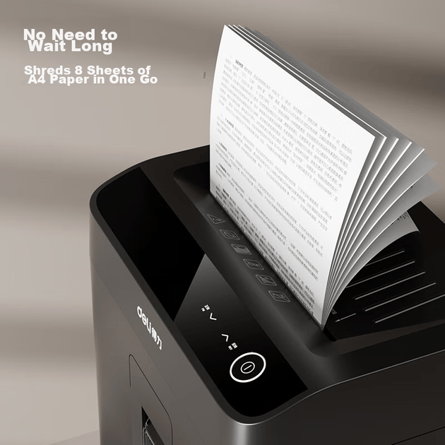 Измельчитель документов Deli Shredder, уровень безопасности 5, однопроходный, 8 листов, непрерывное измельчение за 30 минут, большой, мощный офисный измельчитель документов, модель 23LGA511. - изображение 7