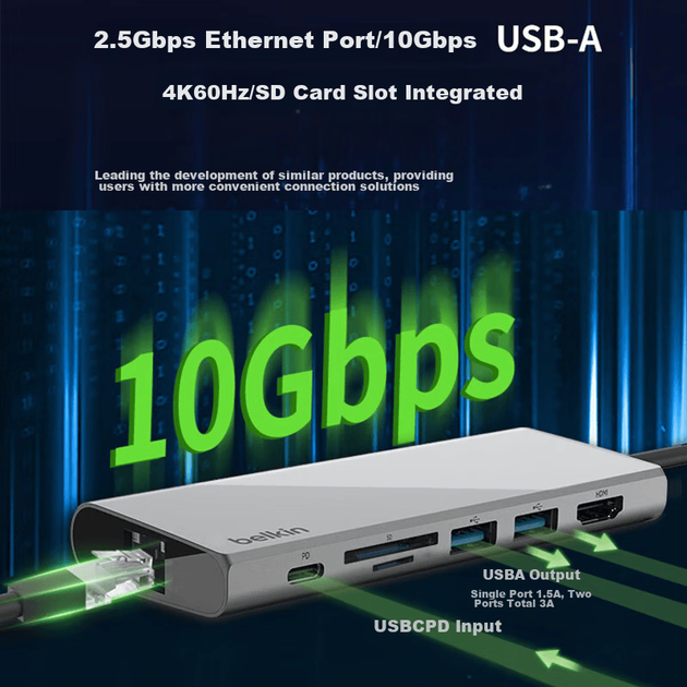 Док-станция BELKIN, модуль расширения Type-C 10 Гбит/с, блок питания Seven-In PD, адаптер для ноутбука Apple, функция зеркального отображения экрана HDMI 4K, сетевой кабель/считыватель SD-карт, совместимость с портом Thunderbolt. - Фото 4 Док-станция BELKIN, модуль расширения Type-C 10 Гбит/с, блок питания Seven-In PD, адаптер для ноутбука Apple, функция зеркального отображения экрана HDMI 4K, сетевой кабель/считыватель SD-карт, совместимость с портом Thunderbolt. - изображение 4