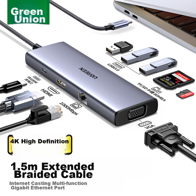 Док-станція розширення UGREEN Type-C, концентратор USB-C на HDMI Thunderbolt 4, мережевий кабель-адаптер, кабель 1,5 м, сумісний з кард-рідером, підходить для ноутбуків Apple 16/17 Huawei та iPad - зображення 2