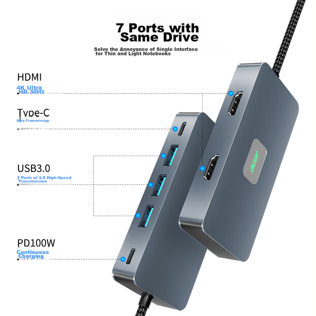 Док-станция расширения Acer Type-C с двумя портами HDMI и конвертером для зеркального отображения трех экранов HUB3.0 Hub PD100W, совместимая с ноутбуками Huawei на Android и другими устройствами расширения. - изображение 2