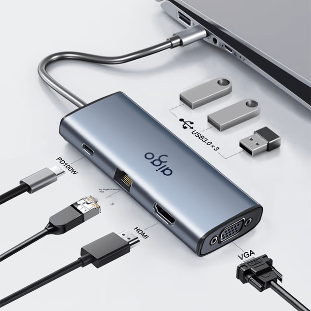 Док-станция расширения Aigo Type-C, USB 3.0-концентратор, адаптер порта Gigabit Ethernet RJ45, конвертер HDMI/VGA, быстрая зарядка PD100 Вт, док-станция расширения USB T07-R (металлический корпус) - изображение 9