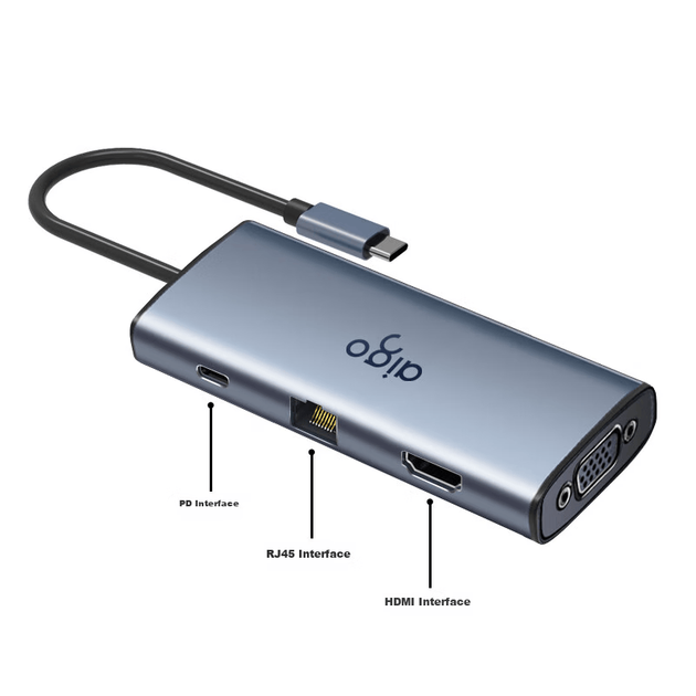 Док-станция расширения Aigo Type-C, USB 3.0-концентратор, адаптер порта Gigabit Ethernet RJ45, конвертер HDMI/VGA, быстрая зарядка PD100 Вт, док-станция расширения USB T07-R (металлический корпус) - изображение 5