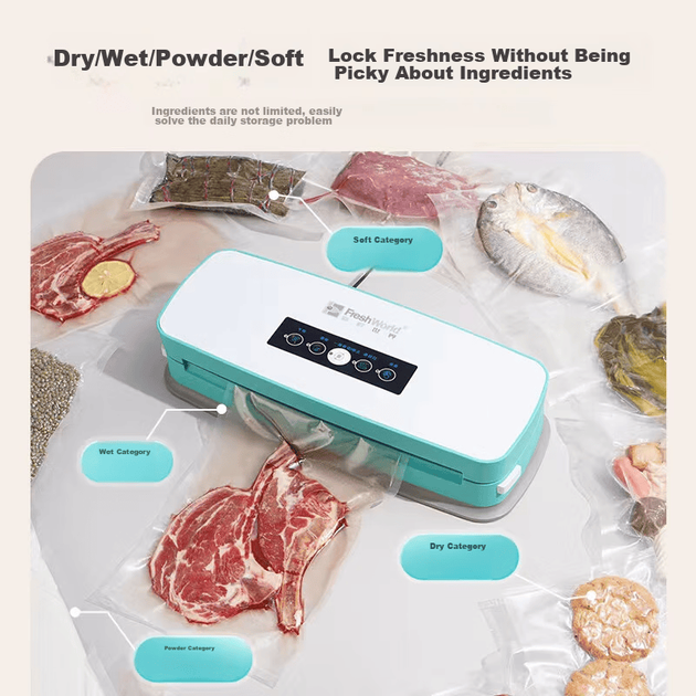 Вакуумный упаковщик Fresh World, автоматическая бытовая вакуумная упаковочная машина, мощный вакуумный экстрактор, для хранения продуктов питания и сухих товаров, подходит как для сухих, так и для влажных мягких продуктов, универсальная модель FW-6600. - изображение 10