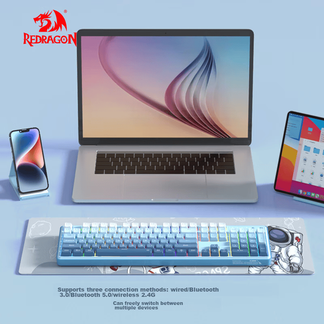 REDRAGON KS104 Механічна клавіатура, бездротова клавіатура, 104-клавішна Bluetooth-клавіатура, комп'ютерна клавіатура, новорічний подарунок, чорно-біла, червоний перемикач - зображення 8