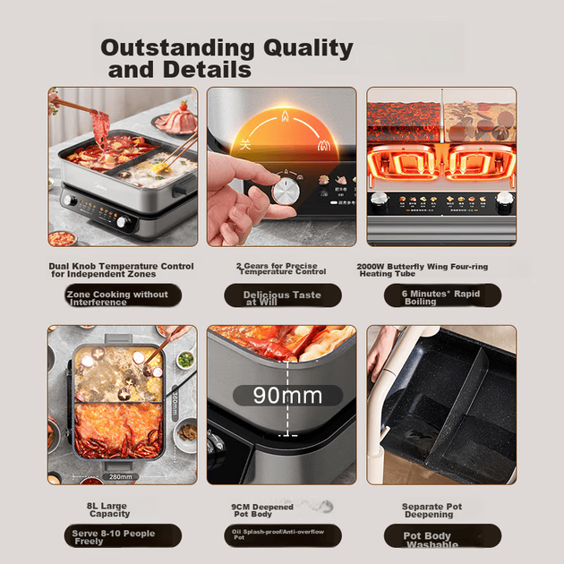 Специализированная электрическая кастрюля Midea Hot Pot, электрическая кастрюля для приготовления пищи, 8 л, многофункциональная кастрюля, двусторонний контроль температуры, съемная многоцелевая кастрюля Hot Pot HGS382712 - изображение 7