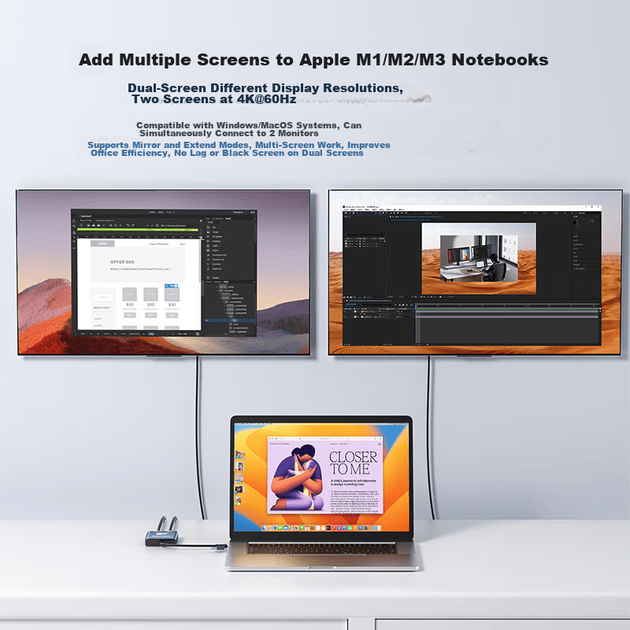 Док-станция Acasis DisplayLink Expansion Dock, расширение для трех экранов для Apple M345 Pro, расширение для нескольких экранов, USB-HDMI конвертер, двухконтактная конструкция Type-C/USB, DS0602 - изображение 3