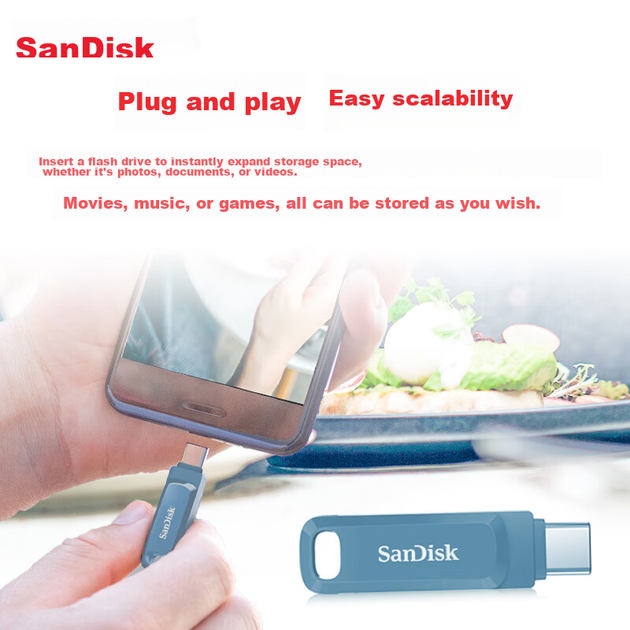 Флеш-накопитель SanDisk 128 ГБ Type-C USB3.2 Dual Drive DDC3 синего цвета, скорость чтения до 400 МБ/с, автоматическое резервное копирование, совместимость с телефонами и компьютерами, двухинтерфейсный накопитель большой емкости. - зображення 5