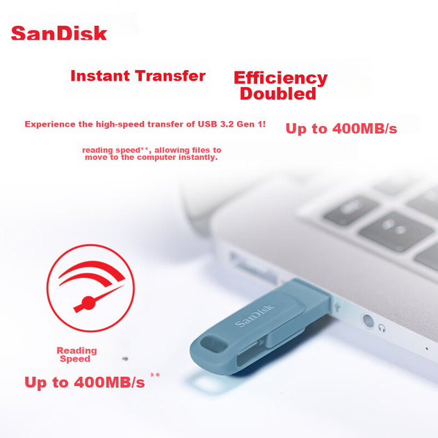 Флеш-накопитель SanDisk 128 ГБ Type-C USB3.2 Dual Drive DDC3 синего цвета, скорость чтения до 400 МБ/с, автоматическое резервное копирование, совместимость с телефонами и компьютерами, двухинтерфейсный накопитель большой емкости. - зображення 6