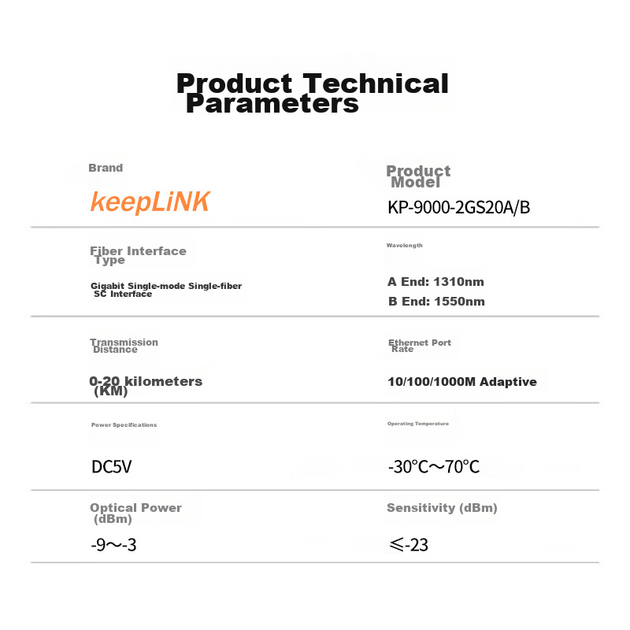 Оптический трансивер KeepLINK KP-9000, гигабитный одномодовый двухволоконный оптико-электрический преобразователь, дальность действия 20 км, интерфейс SC. - зображення 5