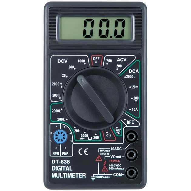 Тестер DT-838 LCD, 125*70мм, пластиковий футляр, A, V, R, тест діодів, зумер, температура - Фото 1 Тестер DT-838 LCD, 125*70мм, пластиковий футляр, A, V, R, тест діодів, зумер, температура - зображення 1