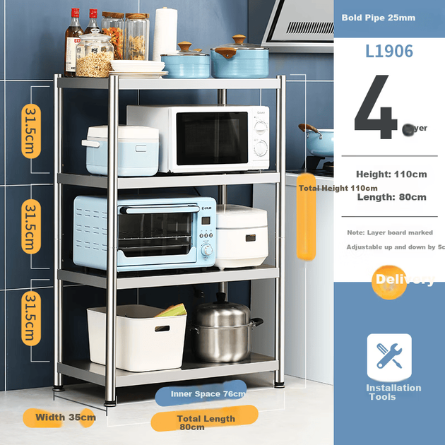 Стеллаж для кухонных принадлежностей COOKER KING, четырехъярусная полка-органайзер из нержавеющей стали, подставка для микроволновой печи, подставка для духовки, напольная полка для хранения, 80*35*120 - Фото 2 Стеллаж для кухонных принадлежностей COOKER KING, четырехъярусная полка-органайзер из нержавеющей стали, подставка для микроволновой печи, подставка для духовки, напольная полка для хранения, 80*35*120 - изображение 2