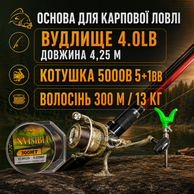 Набор для рыбалки Karp Hercules 16в1 №7 карповый с удилищем boyaBY Hercules 4.25 м катушкой MIFINE 5000B леской 300 м чехлом и снастями - изображение 2