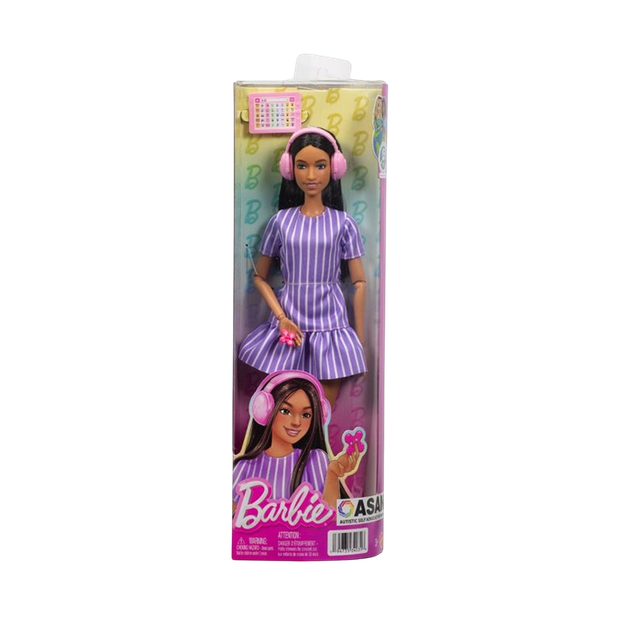 Lalka Mattel Barbie Autistic Self Advocacy Network w fioletowej sukience w paski z kasztanowymi włosami i ciemną karnacją (JJN58) (194735340316) - Zdjęcie 1 Lalka Mattel Barbie Autistic Self Advocacy Network w fioletowej sukience w paski z kasztanowymi włosami i ciemną karnacją (JJN58) (194735340316) - obraz 1