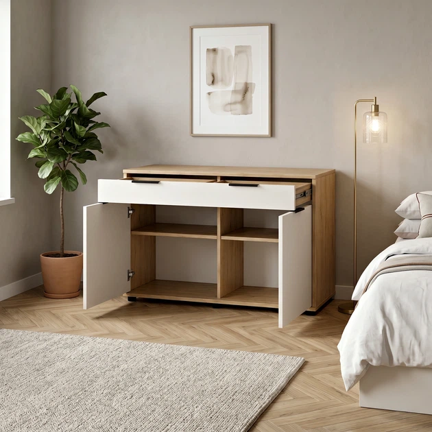 Стильний комод Nola 1200х450х750 з шухлядами та полицями Білий/Дуб Артізан - зображення 3