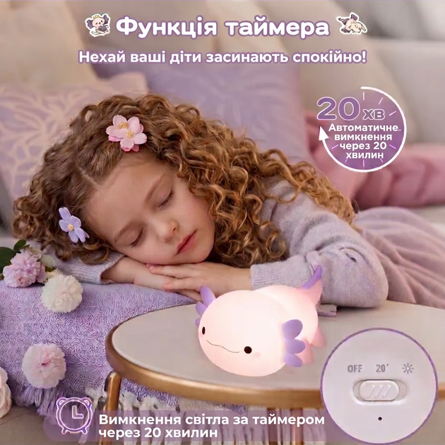 Ночник силиконовый Аксолотль пурпурный аккумуляторный с сенсорным управлением и таймером - изображение 6