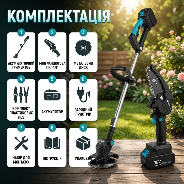 Аккумуляторный триммер для травы и кустов DOMOTEC 96 В + мини-цепная пила 6" - изображение 3