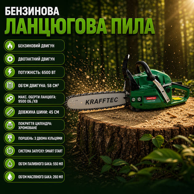 Бензинова ланцюгова пила KRAFFTEC 58 см³, 6500 Вт - зображення 4