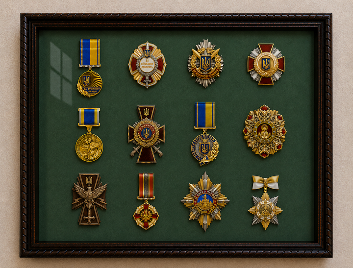 Рамка для военных Медалей и Наград (300х400х34 мм.) Багет пластиковый с текстурой дерева AM-2034-B84 (с защитным стеклом 1,5 мм, Зелёной бархатной /велюровой обивкой, и задником ДВП с креплениями на стену) BagetiKo - изображение 2