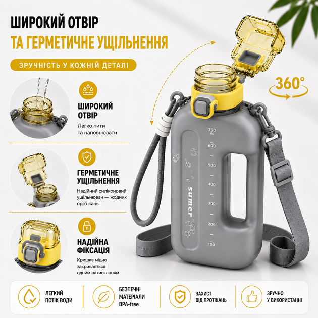 Эко-бутылка для воды 750 мл черная матовая, BPA-free с ремешком и мерной шкалой - Фото 3 Эко-бутылка для воды 750 мл черная матовая, BPA-free с ремешком и мерной шкалой - изображение 3